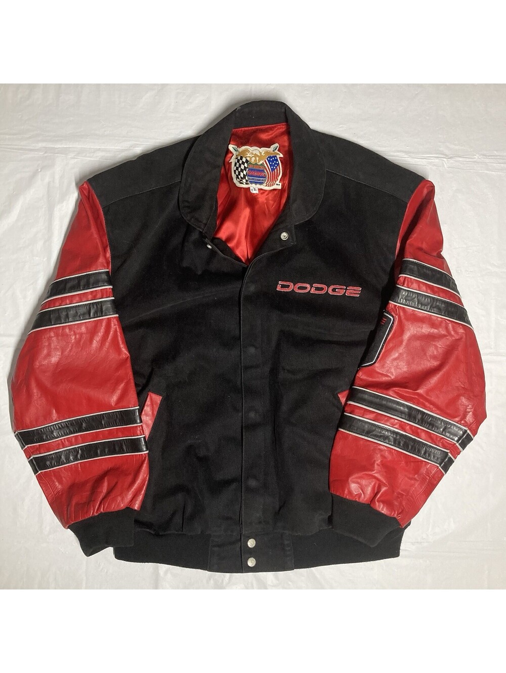 Men’s XL Vtg 90s Jeff Hamilton Dodge Racing Bomber Varsity Jacket Leather Sleeve